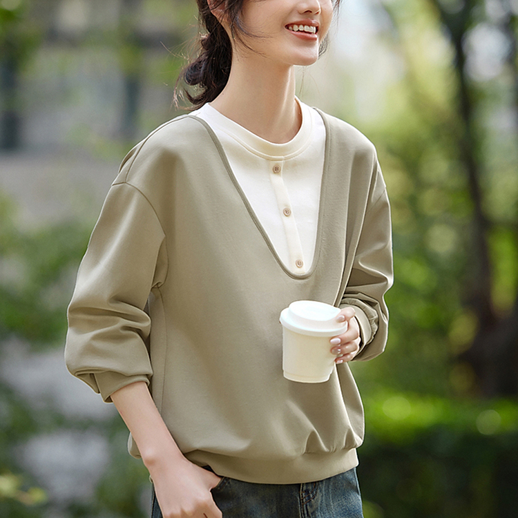 優雅疊穿撞色設計假兩件衛衣