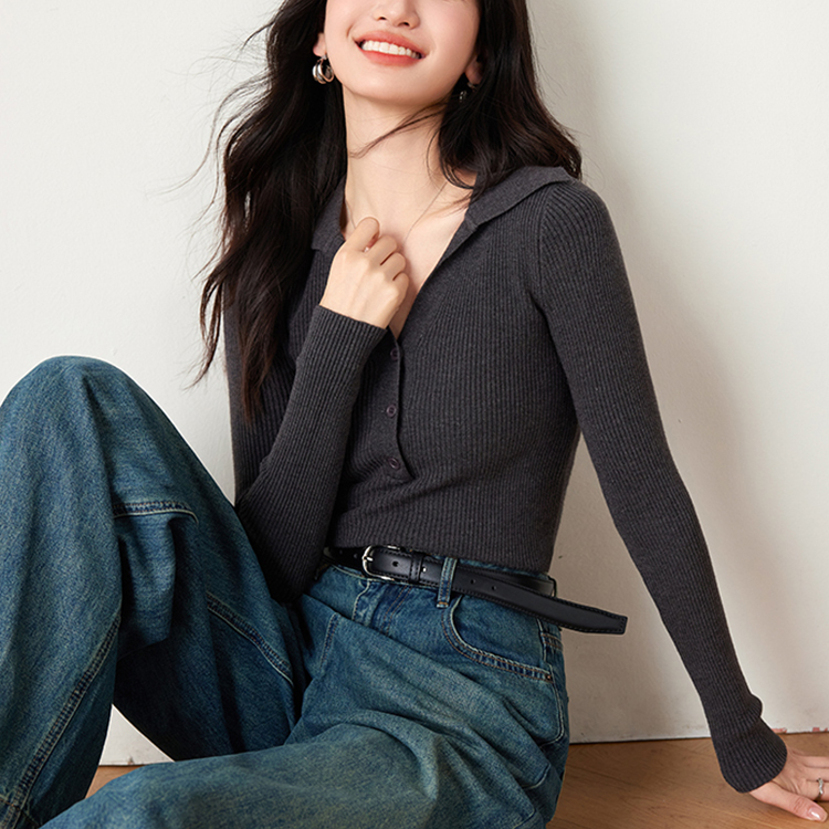 時尚百搭翻領修身針織衫(2色)