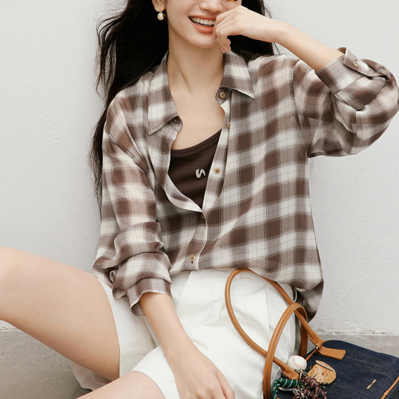 韓系復古格子寬鬆百搭襯衫