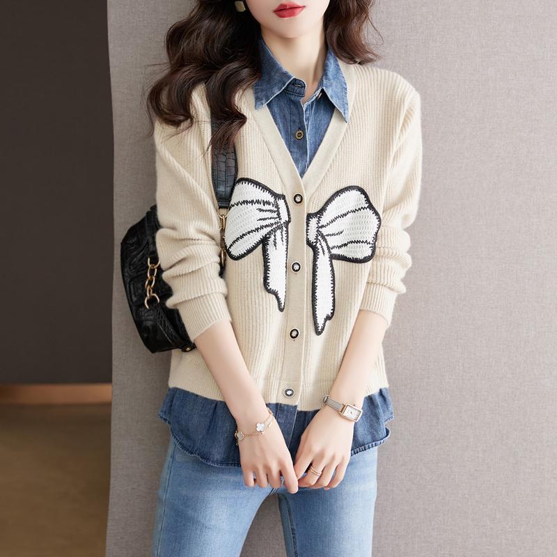 假兩件蝴蝶結提花針織牛仔拼接外套(2色)