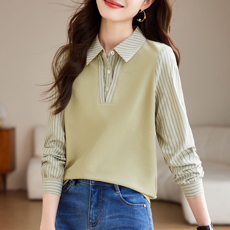 條紋拼接假兩件長袖襯衫(2色)