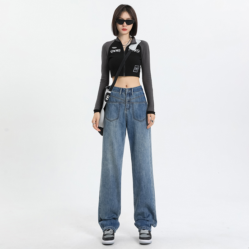 韓系高腰寬鬆設計直筒闊腿牛仔褲