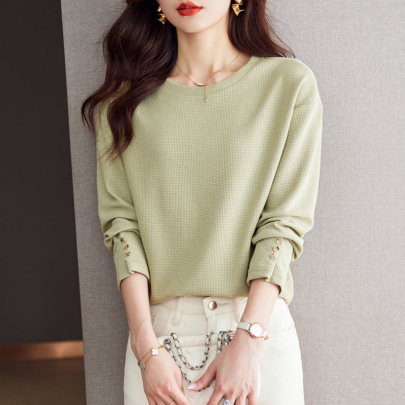 韓國休閒華夫格圓領長袖T恤