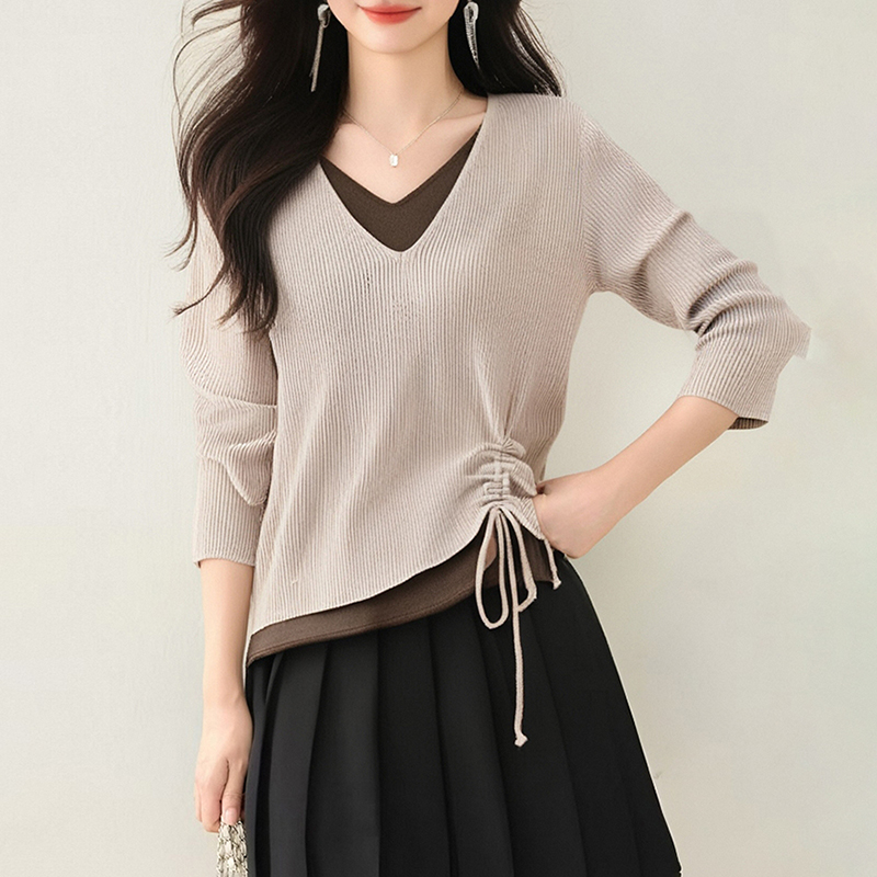 撞色V領假抽繩休閒針織衫(2色)