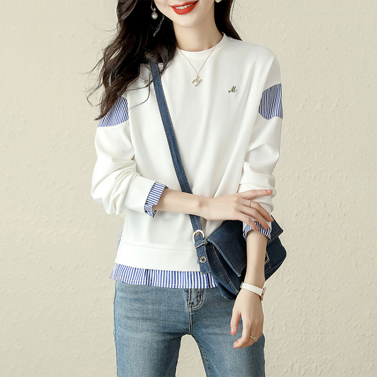 簡約拼接撞色假兩件條紋長袖T恤