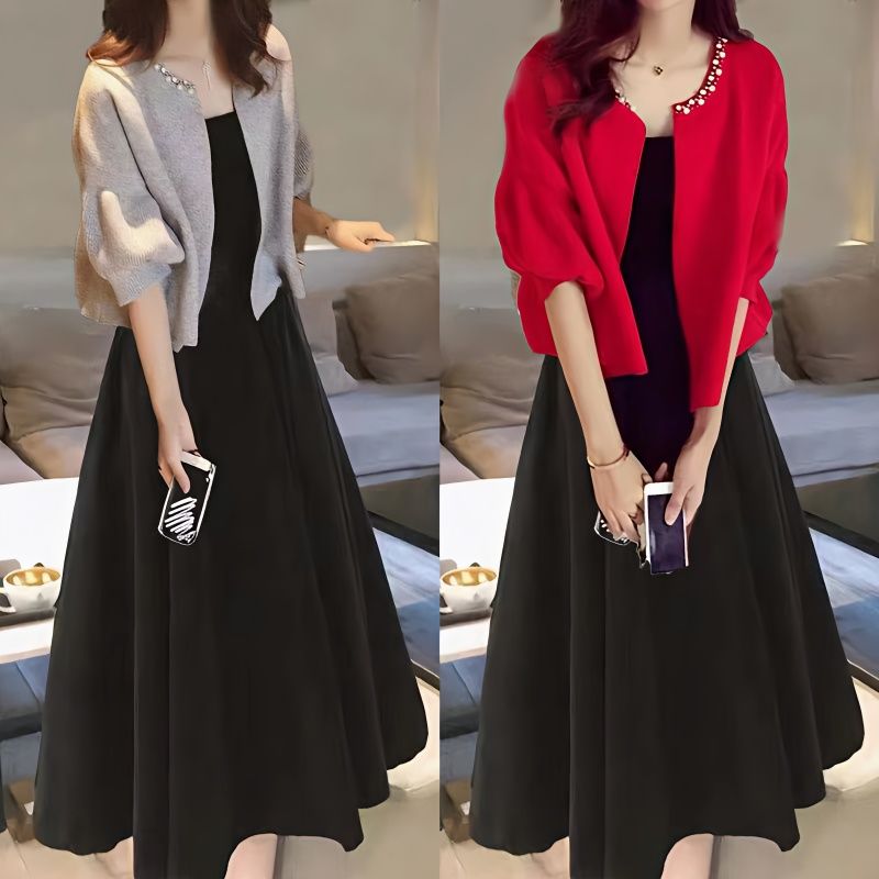 新款釘珠純色外套 / 中長針織無袖連身裙兩件套(2色)