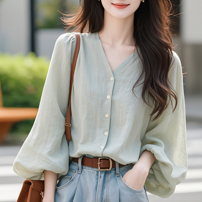 法式V領棉麻燈籠長袖襯衫