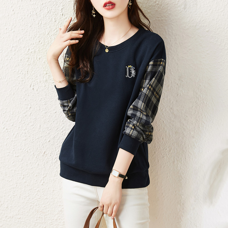 刺繡釘鑽格紋拼接衛衣