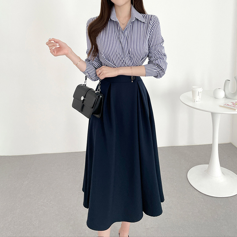 韓版復古條紋拼色襯衫連身裙