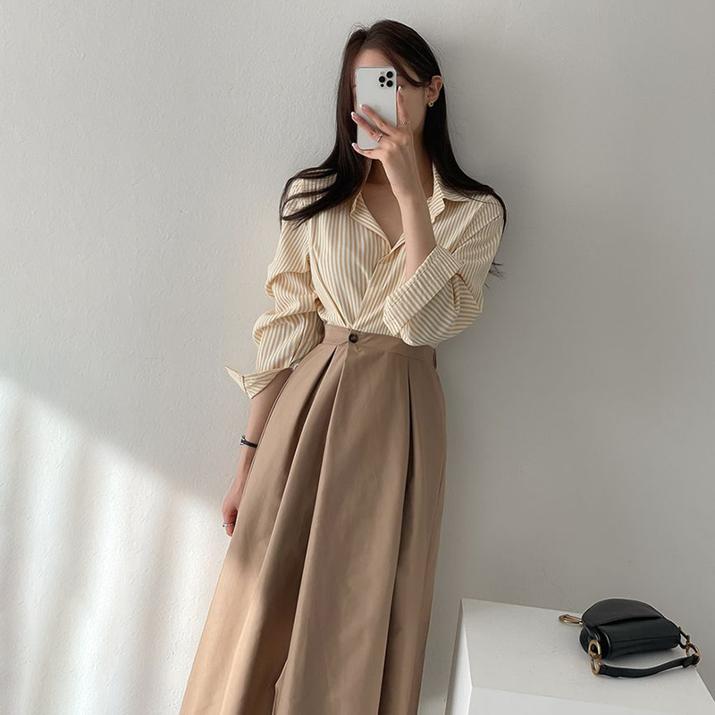 韓版復古條紋拼色襯衫連身裙