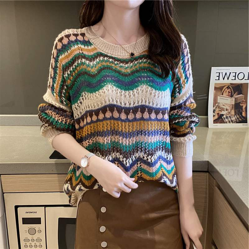 條紋撞擊色鏤空薄版針織衫(2色)