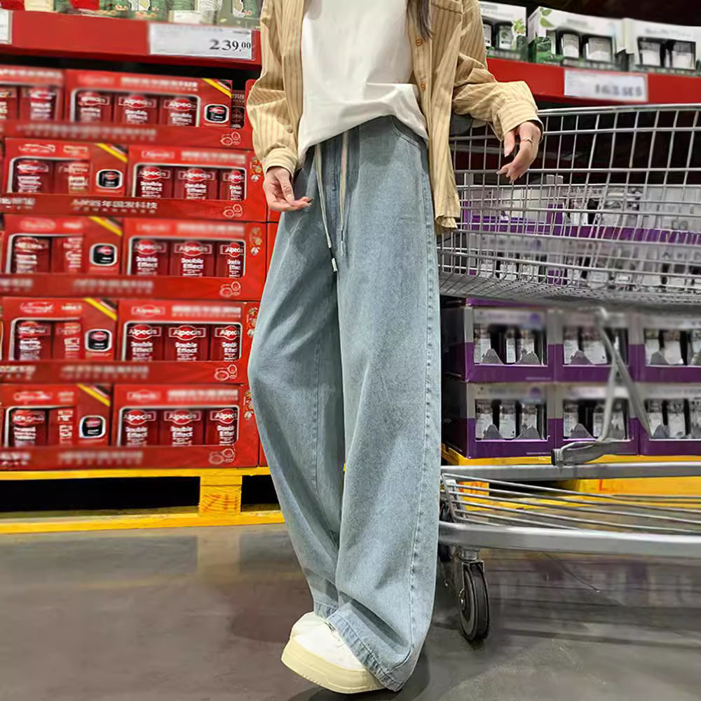 高街潮牌寬鬆拖地直筒牛仔褲