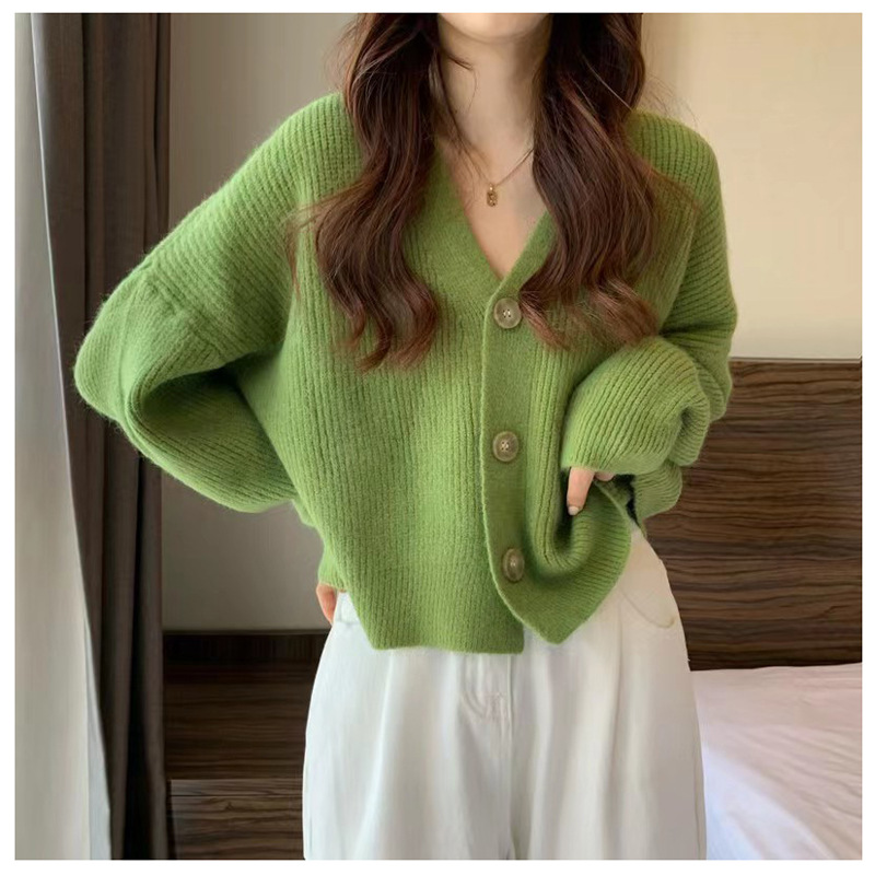 寬鬆V領短版針織開衫(4色)