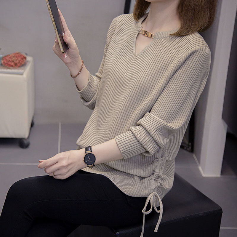 韓系鏤空V領長袖抽繩針織衫(2色)