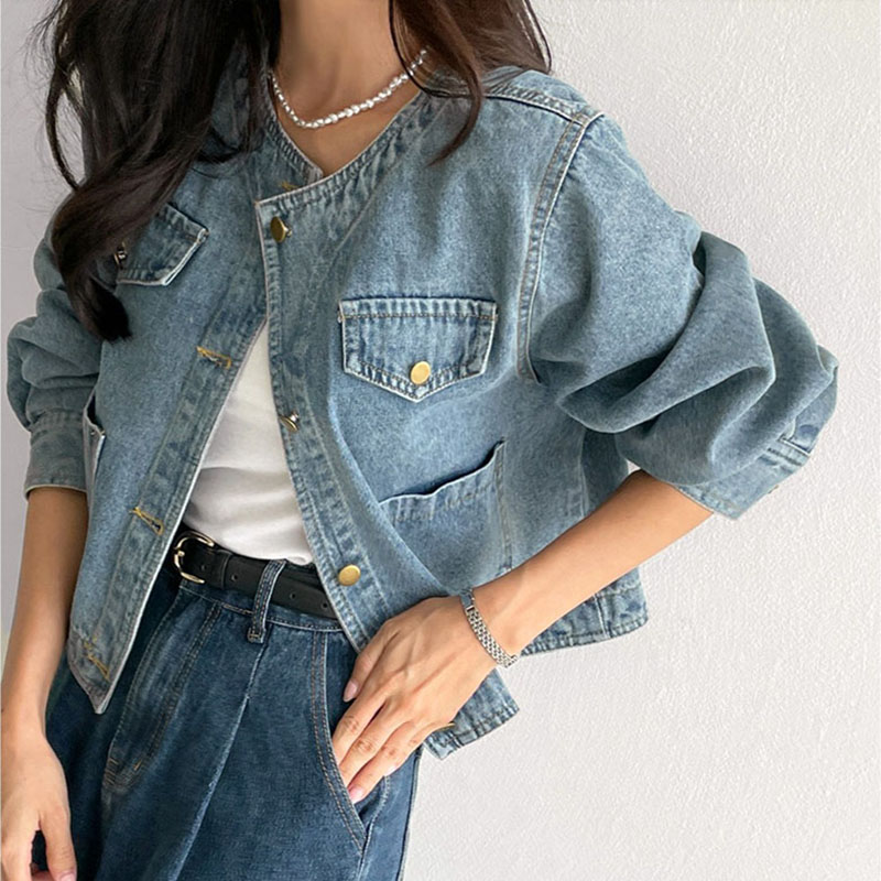 簡約圓領口袋長袖水洗牛仔外套(2色)