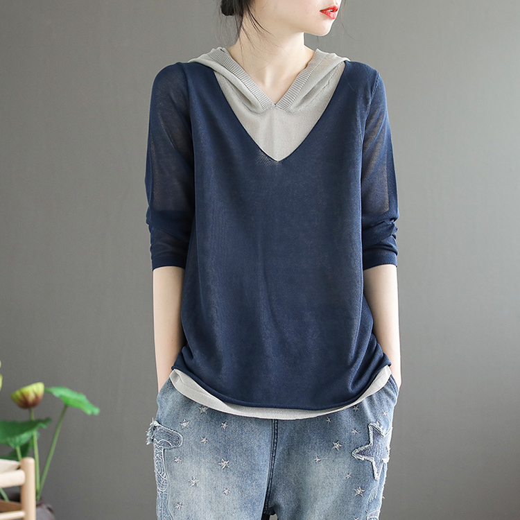 文藝復古連帽針織薄款假兩件T恤(5色)