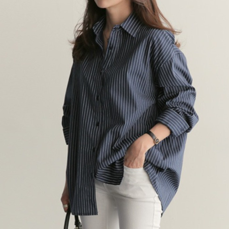 簡約百搭翻領條紋長袖襯衫(2色)