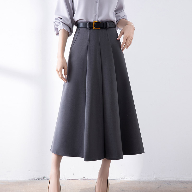 高腰壓褶A字大摆中长款半身裙(3色)