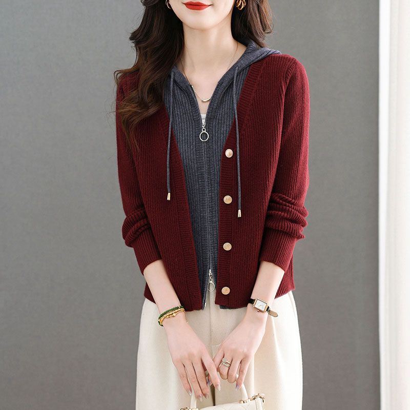 時尚連帽假兩件針織毛衣(3色)