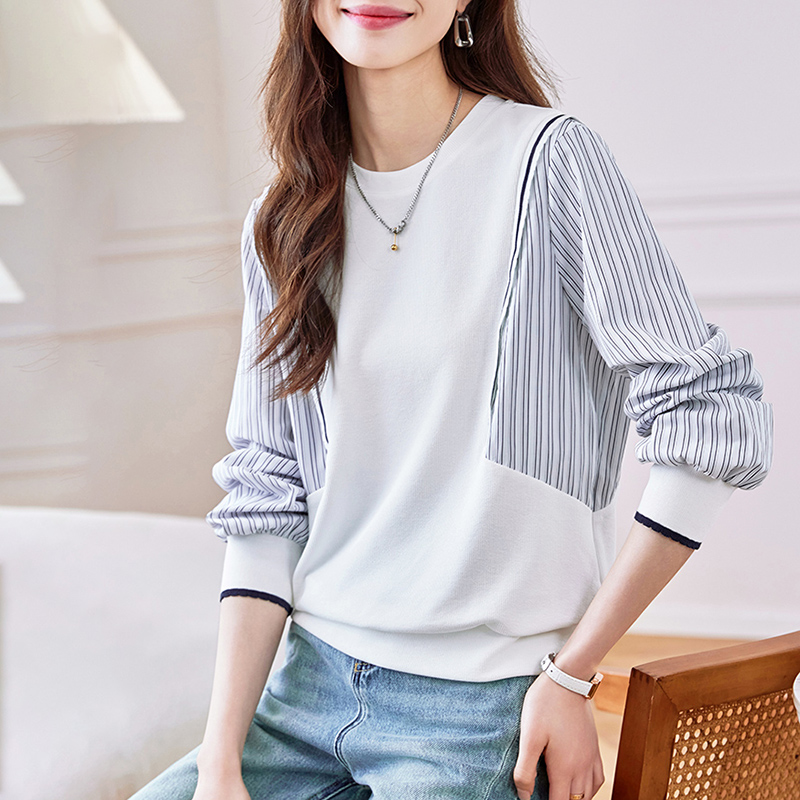 假兩件條紋拼接寬鬆長袖T恤