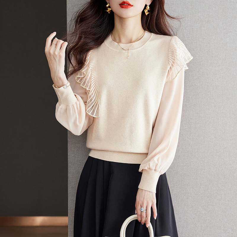 雪紡拼接荷葉邊圓領針織衫