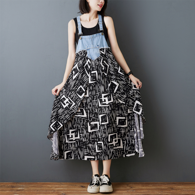 韓系荷葉邊牛仔拼接設計背帶款連身裙（8色）