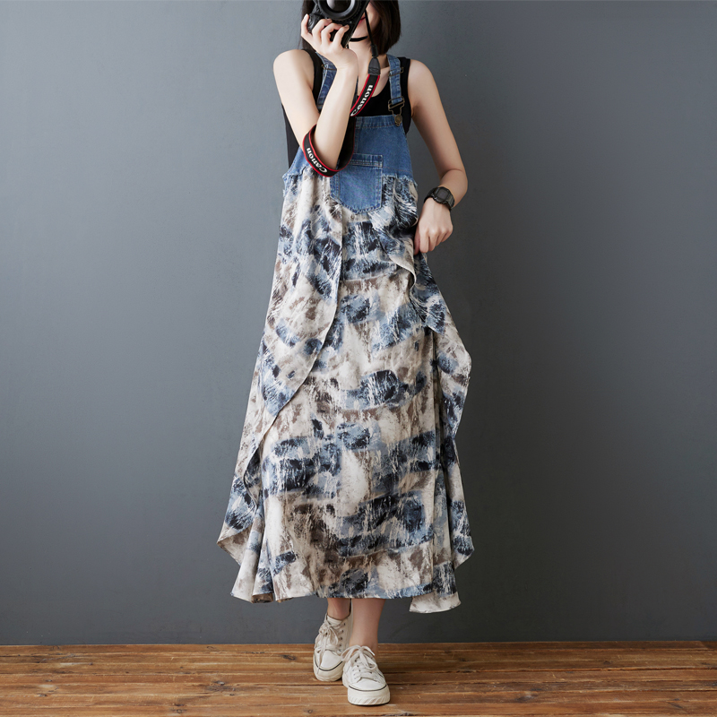 韓系荷葉邊牛仔拼接設計背帶款連身裙（8色）