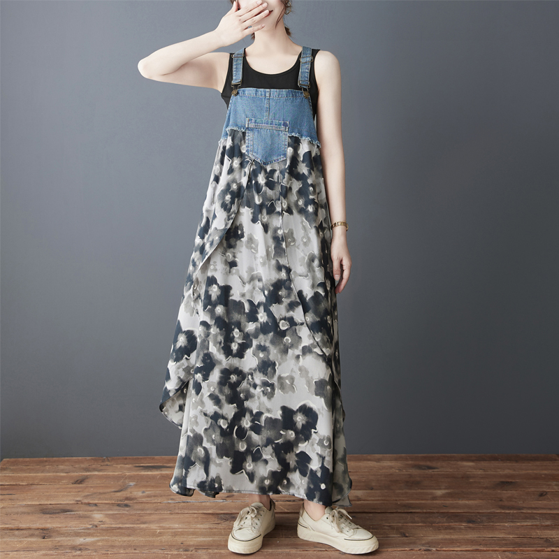 韓系荷葉邊牛仔拼接設計背帶款連身裙（14色）