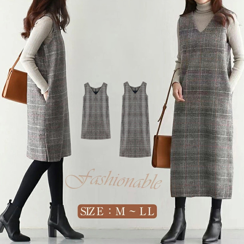 寬鬆V領無袖開叉格紋毛呢背心裙