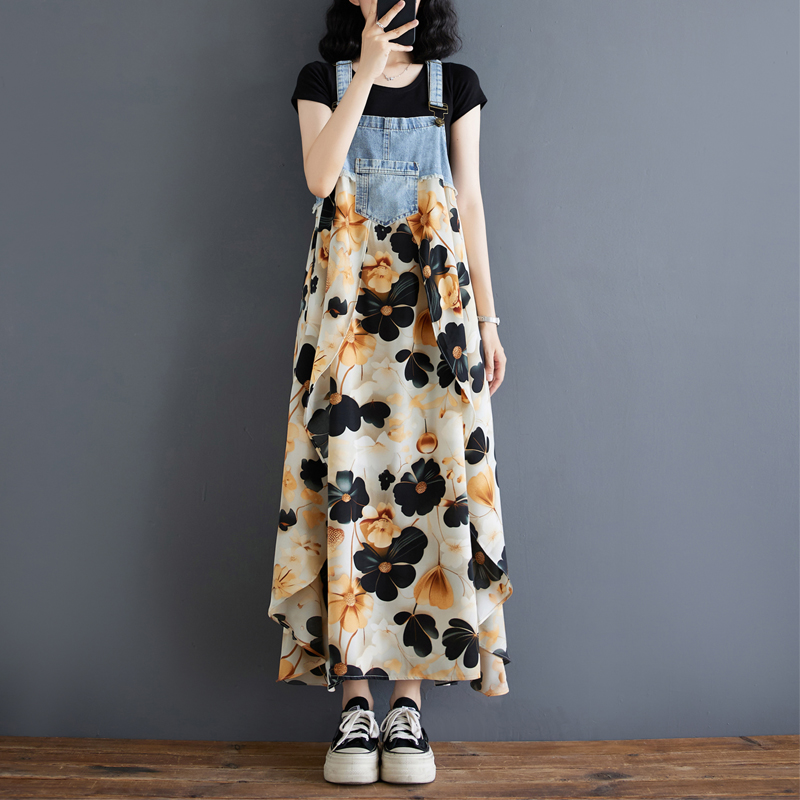 韓系荷葉邊牛仔拼接設計背帶款連身裙（14色）