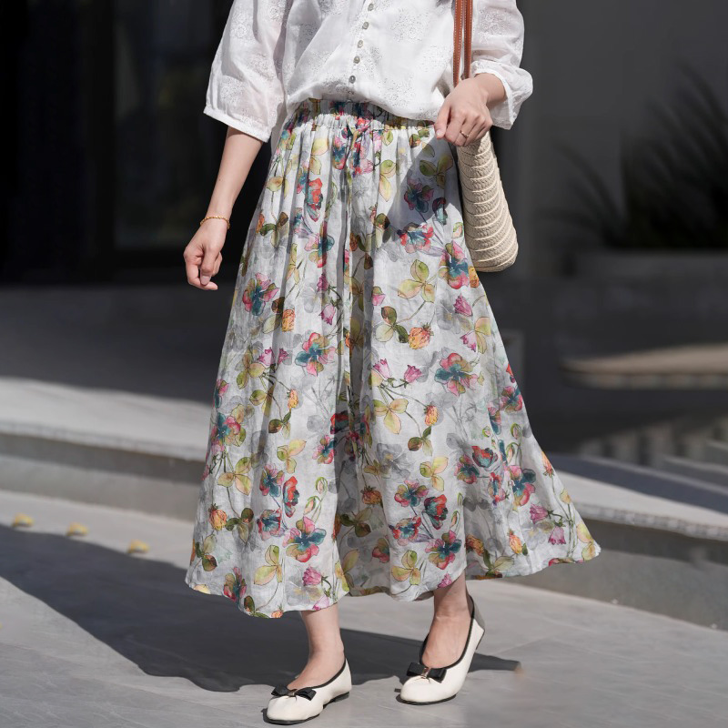 文藝復古棉麻碎花半身裙