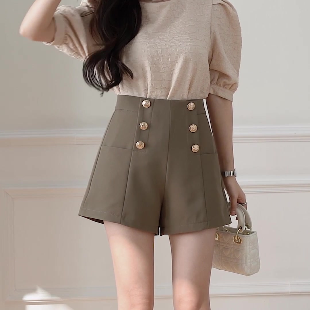 高腰排扣寬鬆A字闊腿短褲(3色)