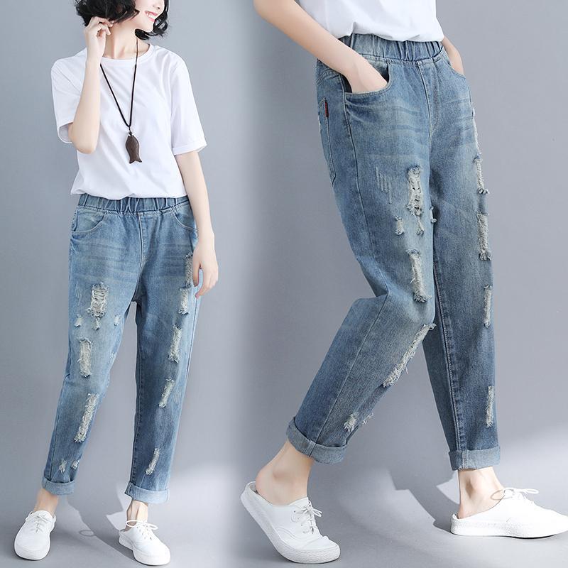 鬆緊腰直筒九分磨破洞牛仔褲