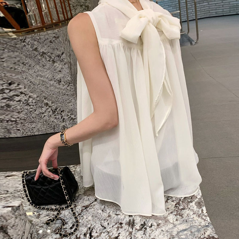 韓系優雅掛脖蝴蝶結無袖背心式襯衫(4色)