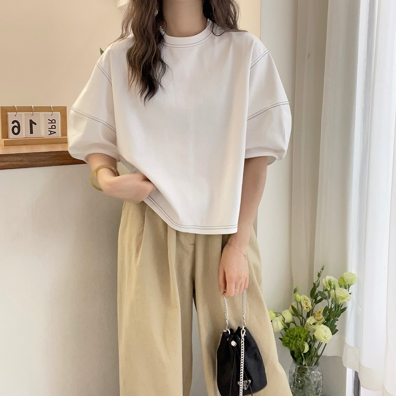 明線壓線設計燈籠袖T恤(2色)