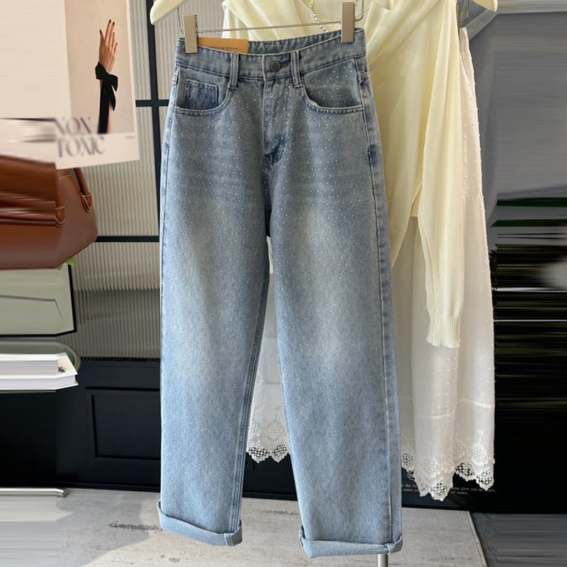 重工燙鑽高腰直筒牛仔褲