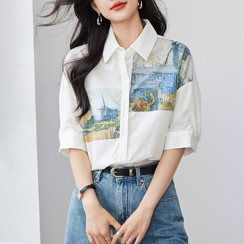 設計感印花短袖襯衫