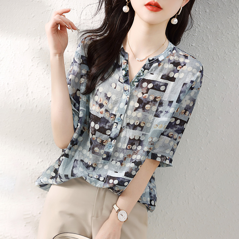 復古藍綠波點配色襯衫