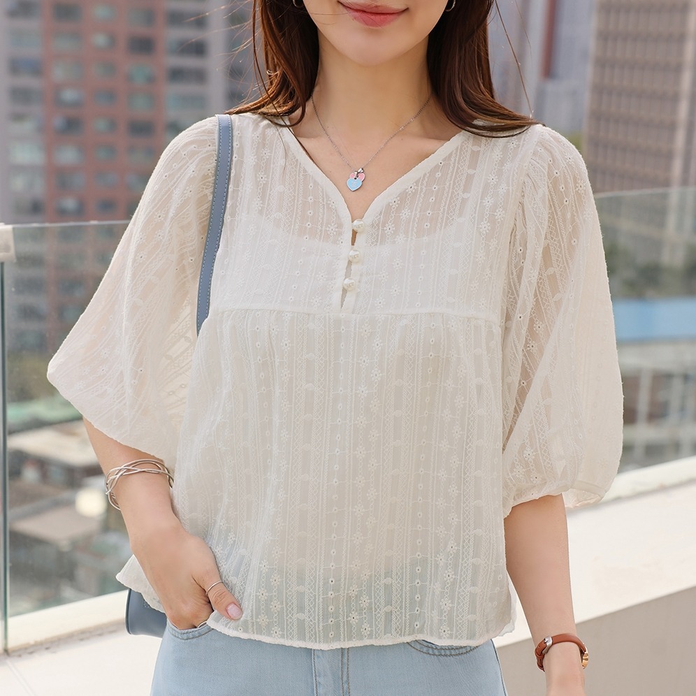 韓系V領燈籠袖寬鬆甜美襯衫+吊帶兩件套