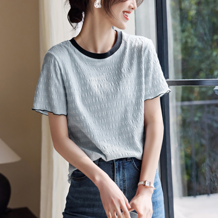 撞色拼接木耳袖邊肌理感T恤(2色)