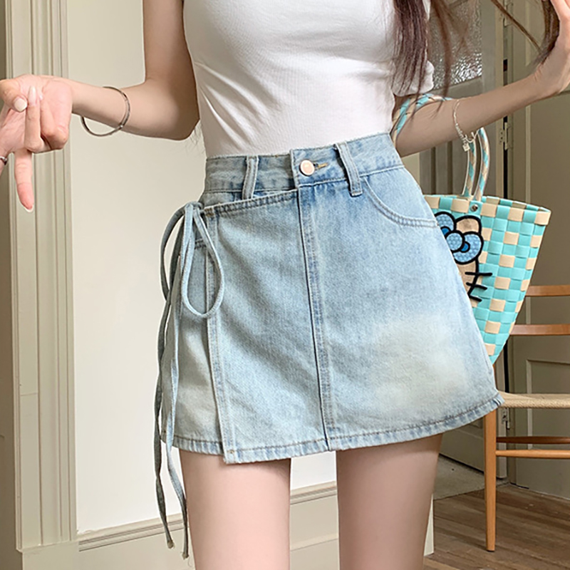 高腰不規則設計綁帶假兩件牛仔短裙褲(2色)