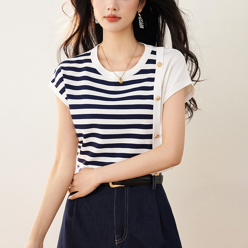 休閒撞色條紋針織短袖T恤