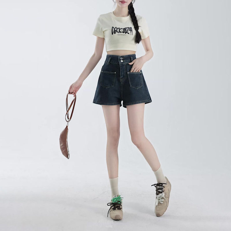 韓系高腰兩粒扣闊腿牛仔短褲