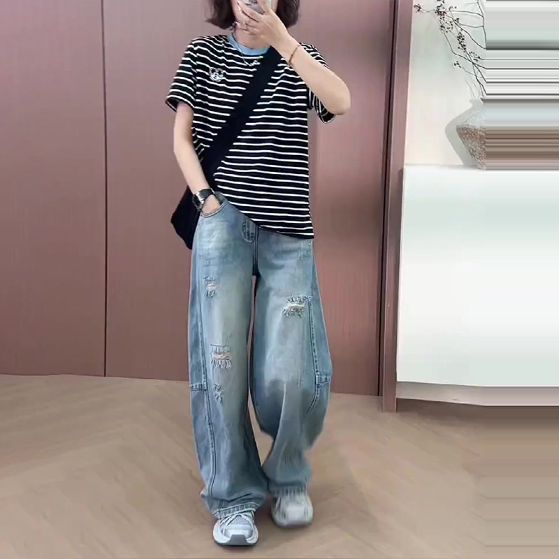 高腰薄款破洞直筒牛仔褲