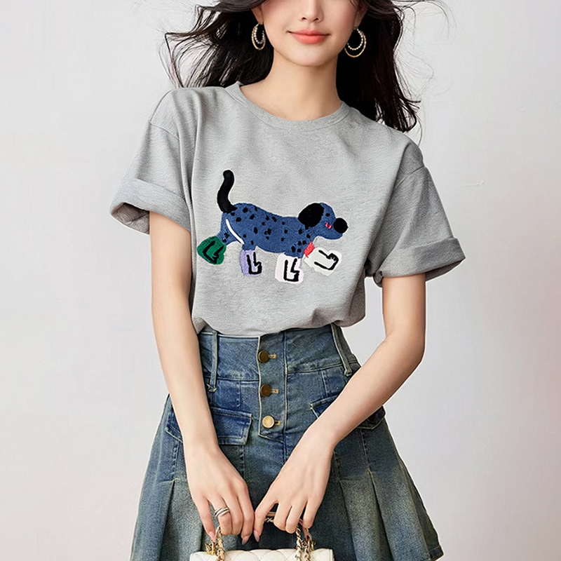 新款小狗印花寬鬆短袖T恤
