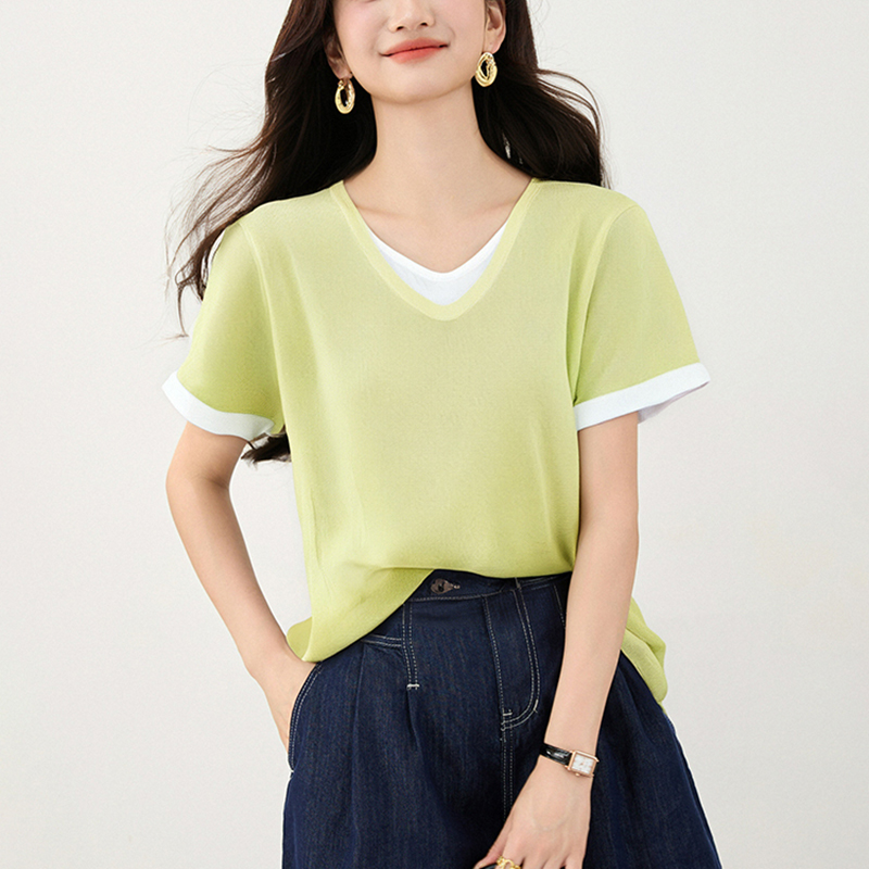 正肩拼色假兩件針織短袖T恤(2色)