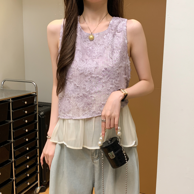 假兩件拼接鏤空設計坎肩無袖襯衫(3色)