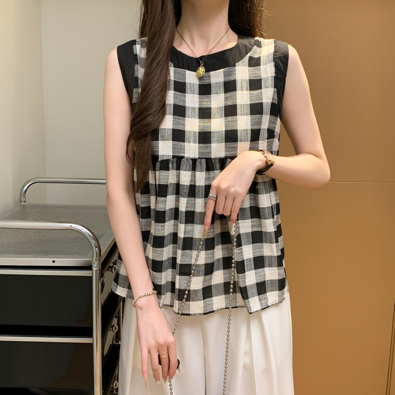 日系格紋撞色無袖背心娃娃衫(2色)