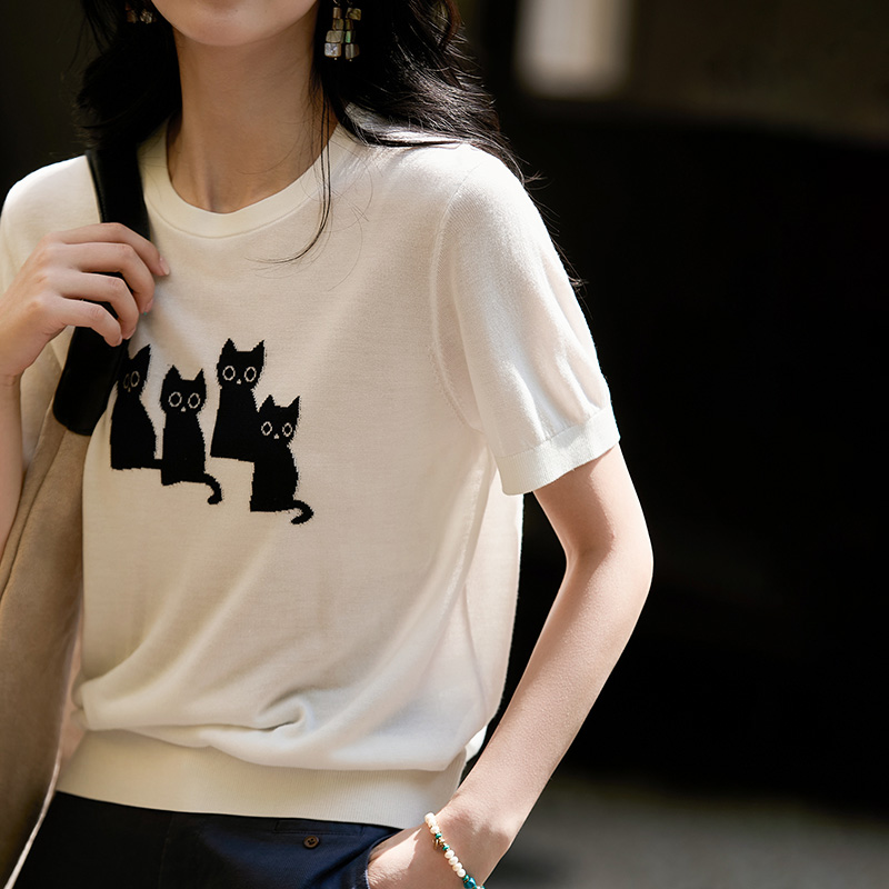 可愛貓咪圖案短袖針織T恤(2色)