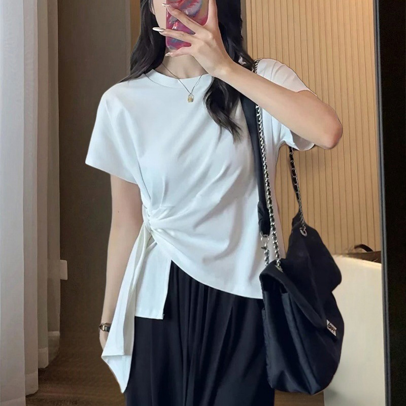 韓系交叉綁帶收腰設計不規則T恤(2色)